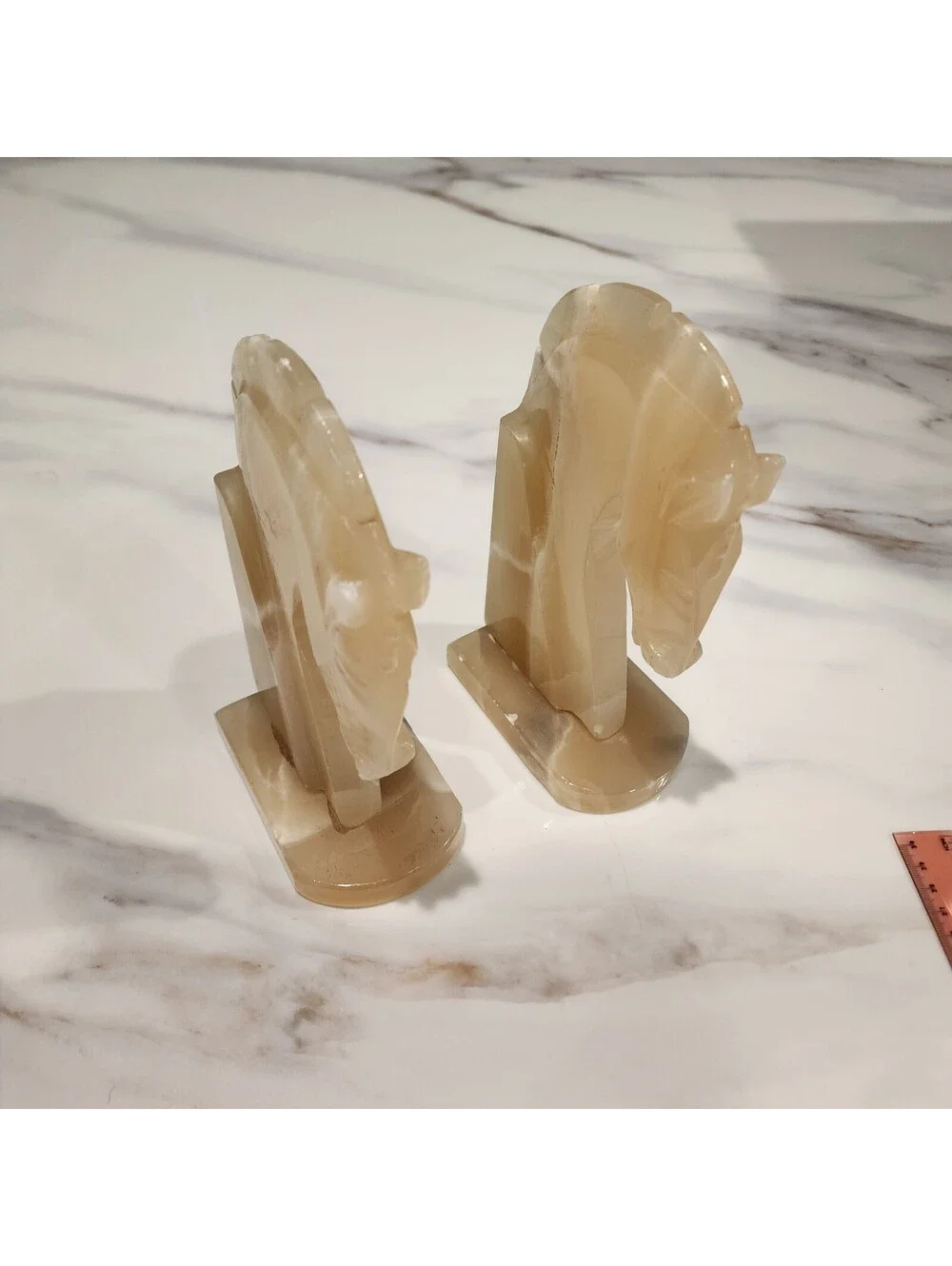 Vintage Banded Onyx Horse Head Bookends Pair Cream Honey Carved Stone